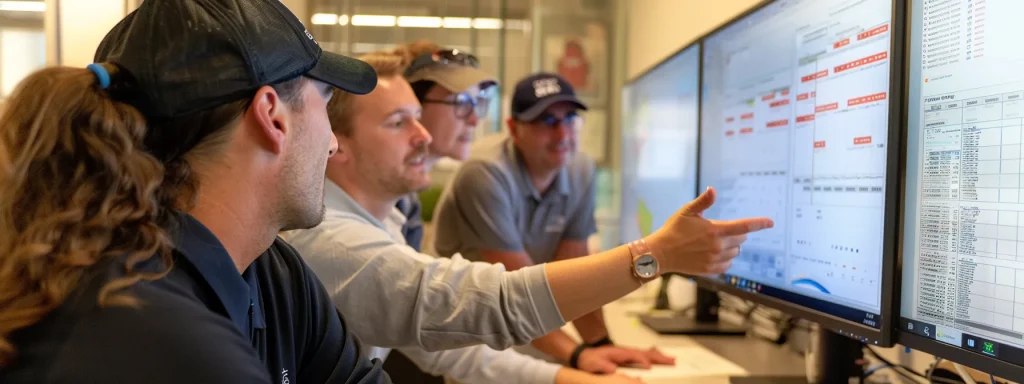 A group of people focus on a computer screen featuring PSA software, collaborating and sharing insights on the displayed data.