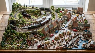 Model train collection showing different scales, locomotives, track layouts, accessories, and detailed miniature railway models