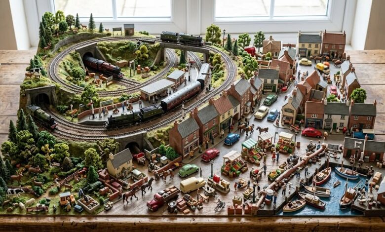 Model train collection showing different scales, locomotives, track layouts, accessories, and detailed miniature railway models