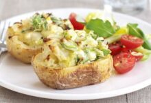 Microwave baked potato served with flavorful toppings and nutritious ingredients for an easy lunch or dinner