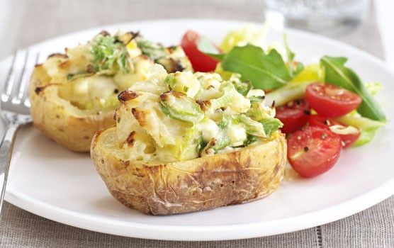 Microwave baked potato served with flavorful toppings and nutritious ingredients for an easy lunch or dinner
