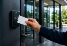 Modern commercial door access control system with secure entry, authentication, and access monitoring features