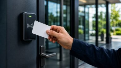 Modern commercial door access control system with secure entry, authentication, and access monitoring features