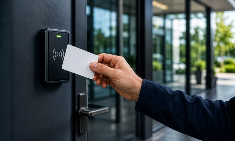 Modern commercial door access control system with secure entry, authentication, and access monitoring features